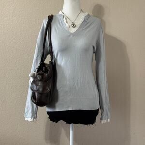 2000s blue knit sweater with white floral crochet trim